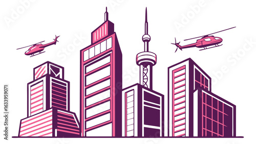 Vector City Skyline with Helicopters – Modern Urban Architecture and Aerial Views for Design, Real Estate, and Travel Projects