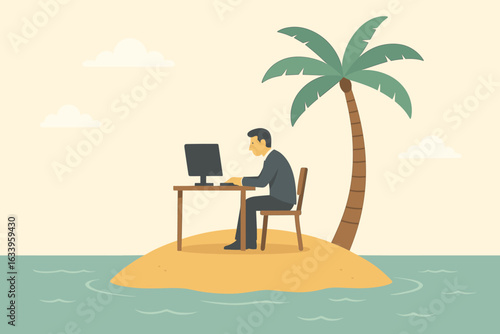 Remote work isolation business concept. Lonely businessman working at desk with computer on deserted island under palm tree. Solitude, peace, quiet, freelance, tropical, productivity, flat vector.
