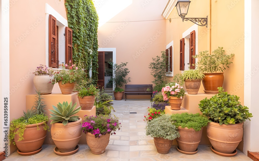 Naklejka premium Lush greenery adorns a sunlit european courtyard pathway