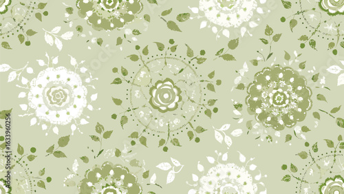 Floral pattern with roses and leaves in shades of green and white on a light green background