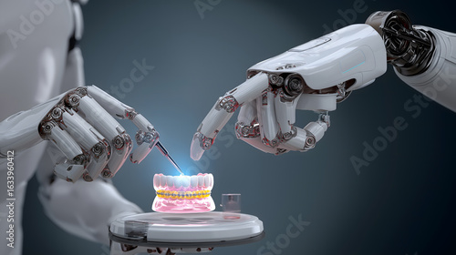 Robot hands crafting teeth set in dental clinic - future of dental science with Artificial Intelligence and robotics concept