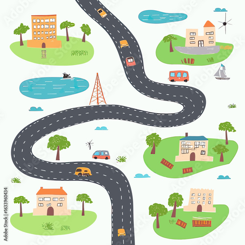 Cartoon hand drawn city map with winding road, colorful cars, buildings, trees, pond, and children toy style vector illustration in flat minimalist design