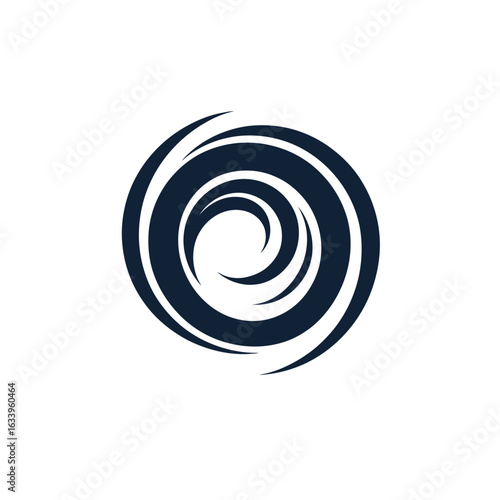 Minimalist hurricane icon logo with swirling cyclone vortex design in flat black style isolated on white background for business branding identity