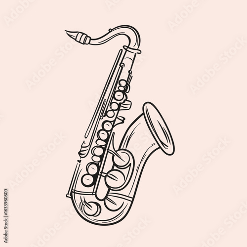 Hand drawn detailed black and white saxophone sketch isolated on light background with minimalist line art style vector illustration of jazz instrument