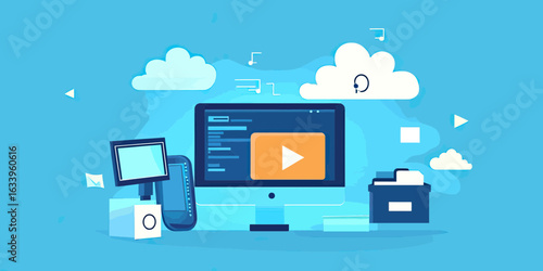 Cloud computing technology with desktop monitor, digital data storage, cloud server synchronization, secure backup and file sharing concept in flat vector design