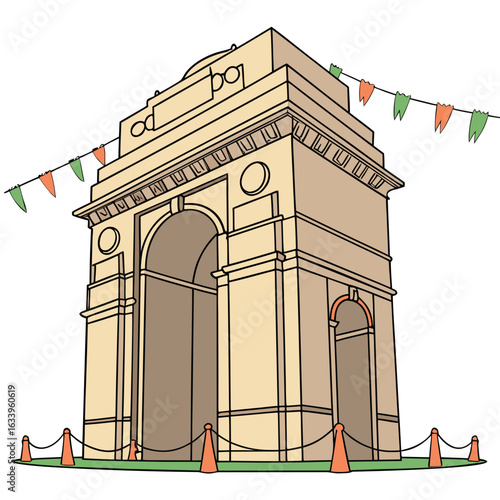 India Gate decorated with green and orange flags Delhi