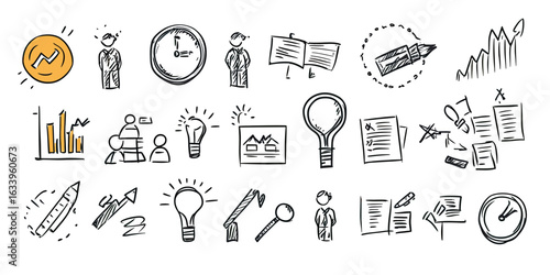 Hand drawn business office icons set with charts, light bulbs, people, documents, clock, and pen sketches in minimalist style for teamwork and strategy concepts