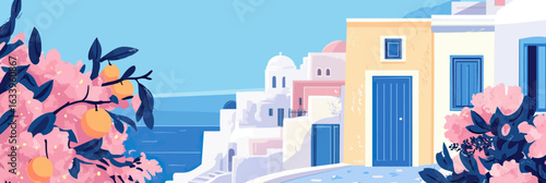 Santorini Greek island landscape with white and pastel buildings blue doors pink flowering trees oranges sea view minimalist flat vector travel poster summer vacation concept