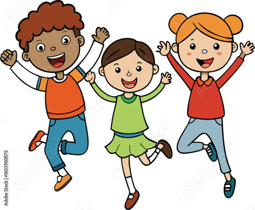 Famille et amis, un groupe de jeunes et d'enfants jouant, sautant et souriant en illustration vectorielle de dessin animé