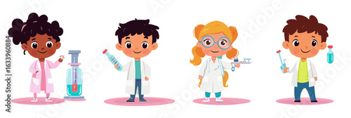 Diverse cartoon children scientists in lab coats holding test tubes and beakers with colorful liquids flat vector illustration