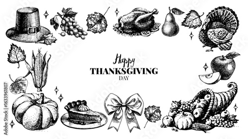 Thanksgiving vintage frame with turkey, pie, fruits, vegetables, cornucopia, ribbon and harvest symbols. Traditional holiday greeting design. Retro vector illustration.