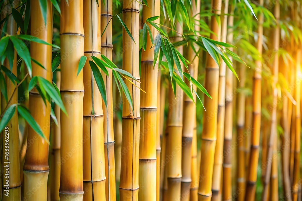 Obraz premium Golden bamboo forest with green leaves and soft sunlight