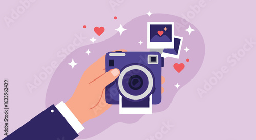 Instant Photo Camera in Hand with Hearts