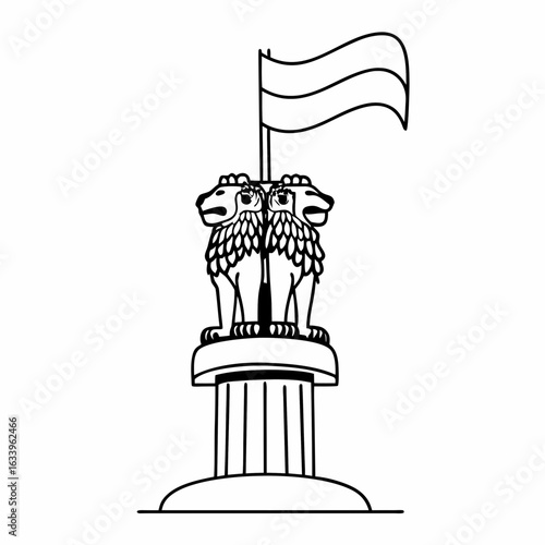Ashoka Lion Capital with Indian Flag Line Art Ashoka pillar