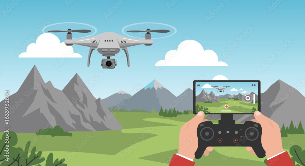 Fototapeta premium Drone flying over mountains remote control outdoor leisure