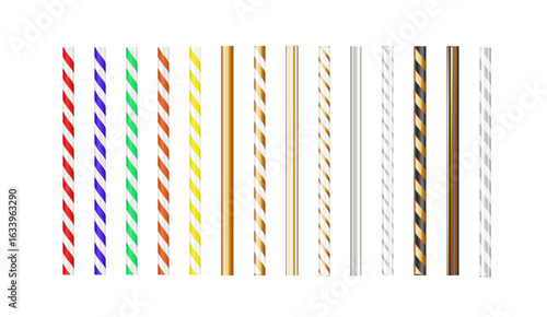 Realistic paper straw mock up template on isolated white background. Flexible bar liquid sucking accessories. Tubes for juice or soda. Vector