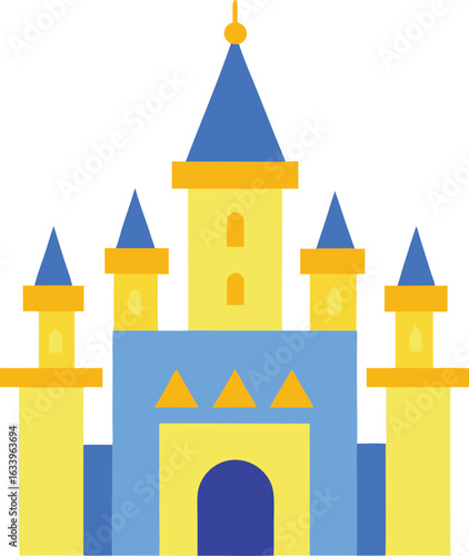 Dessin animé de château de fée médiéval, illustration de silhouette de forteresse de princesse de conte de fées, avec un village architectural