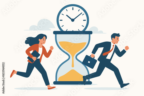 Business deadline pressure concept with man and woman running out of time in front of large hourglass, stress, urgency, time management, teamwork, flat design vector illustration