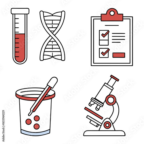 Diagnostic and testing lab equipment icon bundle – test tube, DNA helix, blood sample, urine cup, lab report, microscope – thin line vector pack for clinical apps
