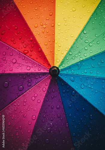 Vibrant rainbow umbrella glistening with fresh raindrops, a cheerful symbol.