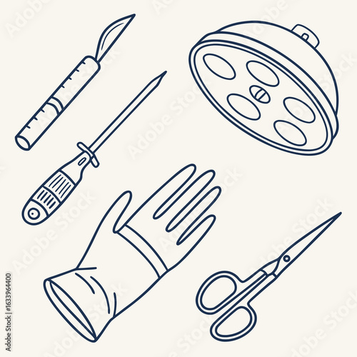 Surgical tools and operation theater line icons set – scalpel, scissors, gloves, anesthesia mask, surgical lamp, clamps – high-quality outline bundle, editable stroke