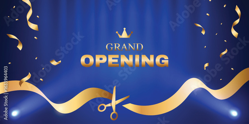 Blue grand opening background with cutting ribbon scissors scene.  Modern elegant promotional media design.	