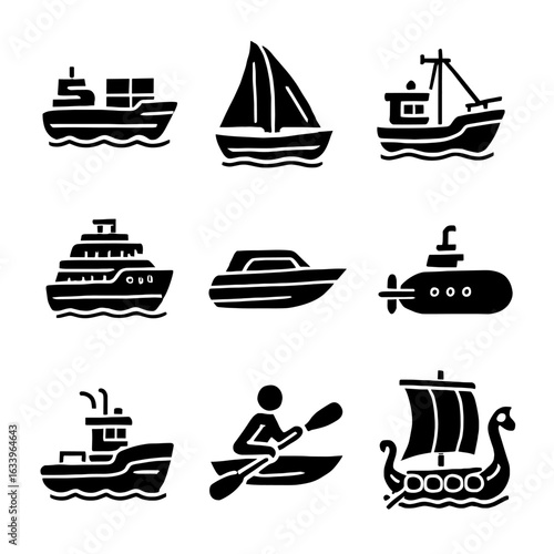 Watercraft and ship icon set. A collection of various boats and marine transport vehicles in a simple silhouette glyph style.