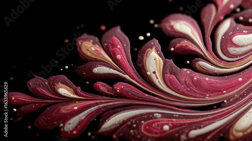 Abstract swirls of pink, white, and gold paint on black