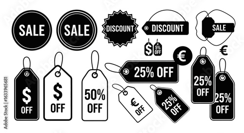 A collection of stylish sale and discount tags, labels, and badges, perfect for showcasing promotional offers and discounts on various products and services, featuring various shapes and percentage