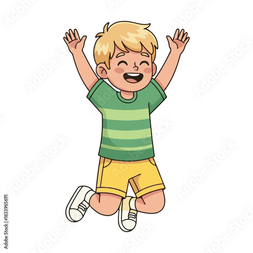 Happy Jumping Boy Cartoon Illustration, Child Fun Vector