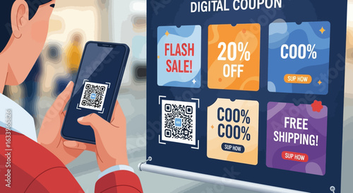 A person uses a smartphone to scan a QR code from a large display board, highlighting a range of enticing digital coupons and special discount offers.