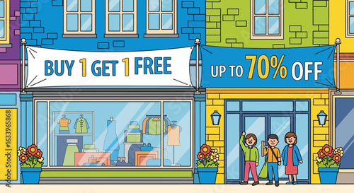 Happy family enjoys a shopping day with great discounts at a colorful boutique store offering buy-one-get-one-free and up-to-70%-off deals, creating a vibrant and cheerful atmosphere.