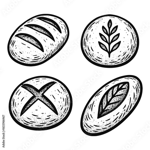 Hand Drawn Sketch Style Artisan Sourdough Bread Vector Set - Vintage Rustic Batard and Boule Loaf Drawings (Isolated, Transparent Background) 
