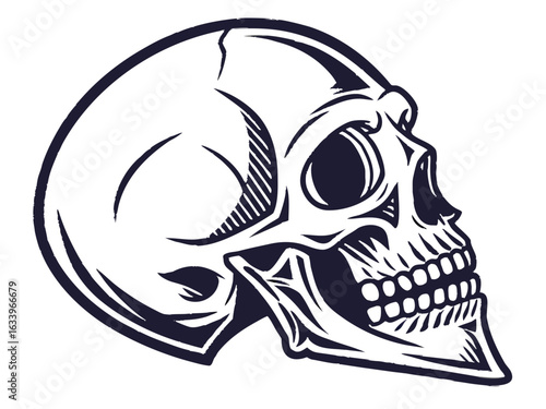 Detailed black and white skull graphic design with tribal-inspired embellishments.