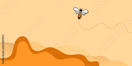 Cute bee flying over orange abstract background