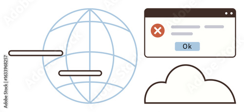 Globe, cloud, and browser window with error indicate connectivity, server issues, or digital disruptions. Ideal for communication, internet, troubleshooting, cybersecurity IT error messages simple