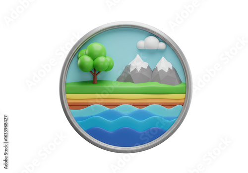 Isolated Earth Layers Diorama with Tree, Mountains, and Ocean in a Circle