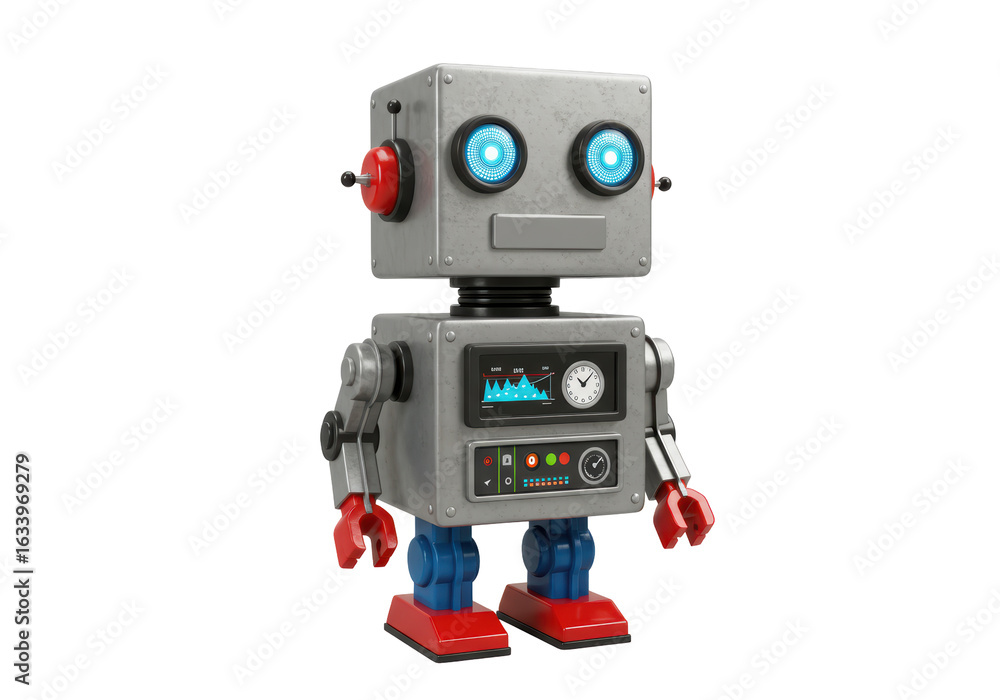 Fototapeta premium Isolated 3D Render of a Retro Metal Robot with Glowing Blue Eyes