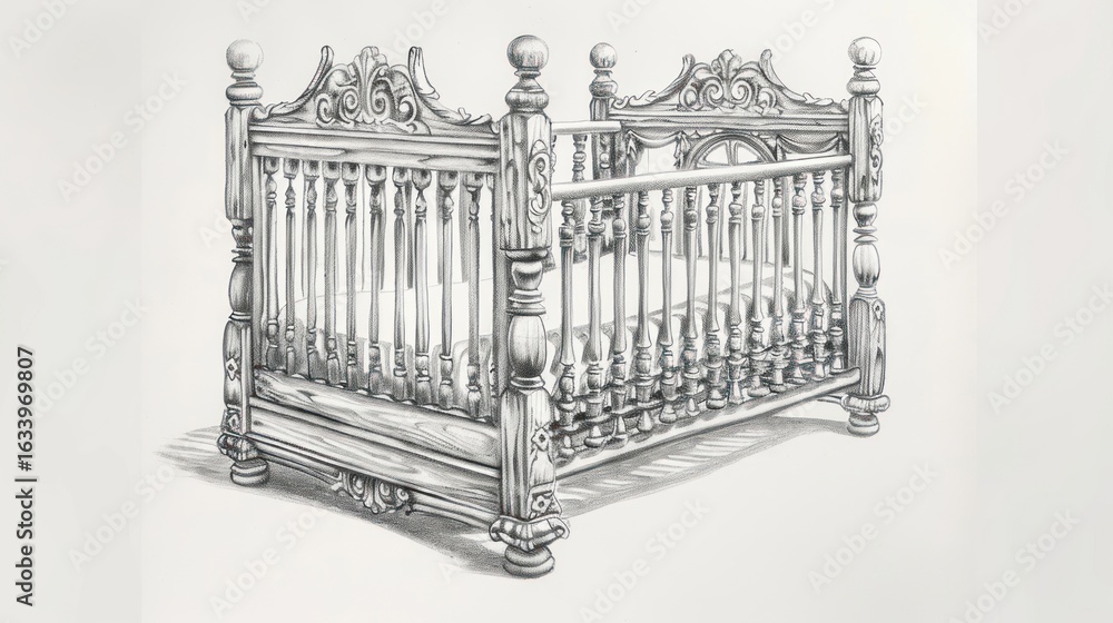 Fototapeta premium Detailed sketch of an ornate antique crib. Ornamental wood carvings decorate the headboard, footboard, and posts. 
