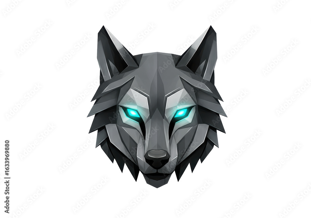 Obraz premium Isolated Geometric Wolf Head with Glowing Blue Eyes and Aggressive Expression