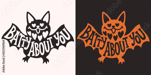 Batty about you written in bat. Happy Halloween vector lettering. Holiday lettering for banner. Happy Halloween poster, greeting card, party invitation.