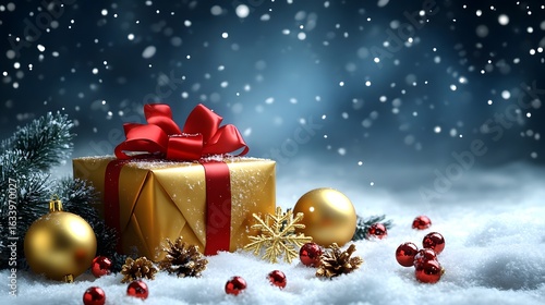 Beautifully wrapped golden gift box with red ribbon amidst snowflakes and festive decorations during winter holiday season