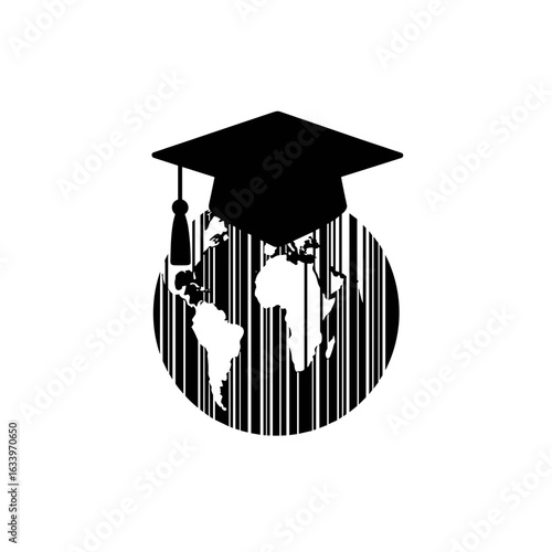 Graduation cap over barcode globe, symbol of global education and commerce