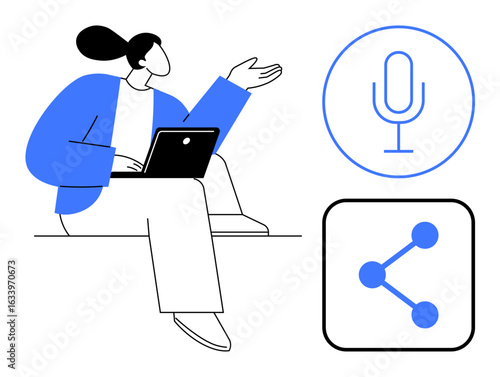 Woman sitting with laptop, gesturing during interaction. Microphone symbol and networking icon signify media, connection, digital workspace. Ideal for communication, sharing, blogging, podcast
