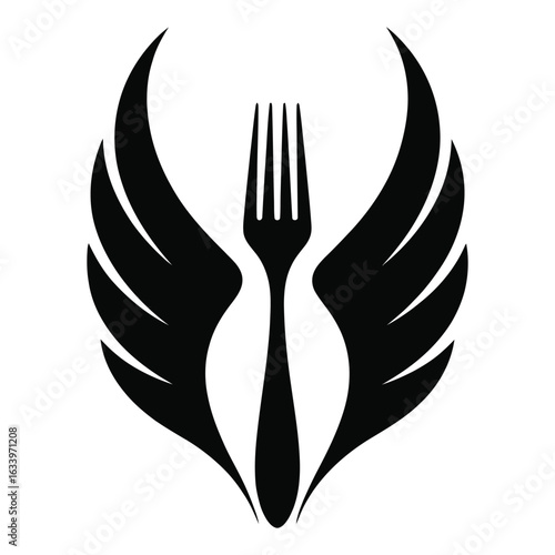 Stylized black silhouette of a fork with large spread wings symbolizing culinary excellence and freedom