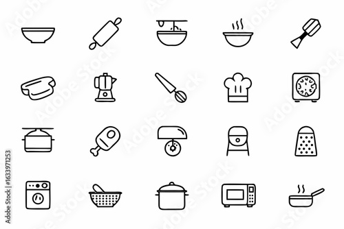 Home Cooking Tools Vector Set – Minimal Icons for Kitchenware, Meal Prep, and Recipe Books