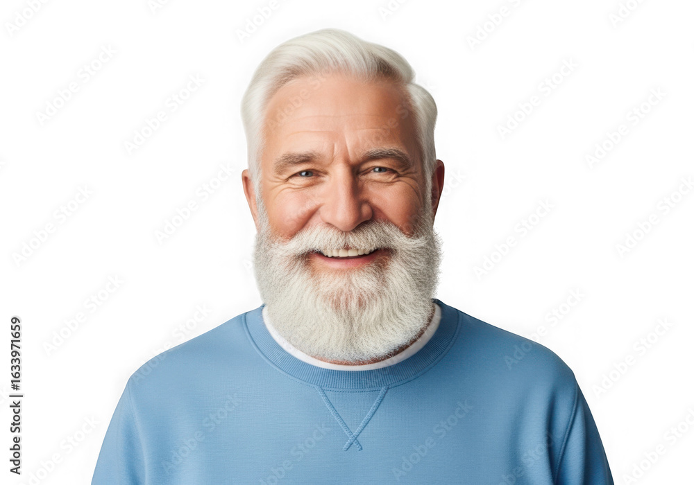 Obraz premium Smiling senior man portrait with white hair and beard in blue sweater stock photo image downloadable resource smiling isolated on transparent background