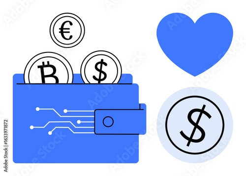 Digital wallet with Bitcoin, Euro, Dollar coins, circuit patterns, and heart icon. Ideal for finance, cryptocurrency, savings investment fintech payment systems and digital economy. Simple flat