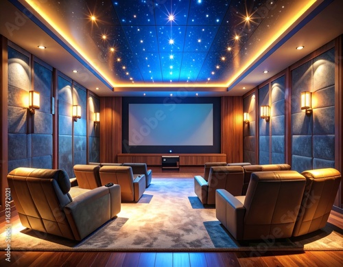 Luxury mini theater with velvet reclining chairs, blue LED ceiling stars  in a modern apartment