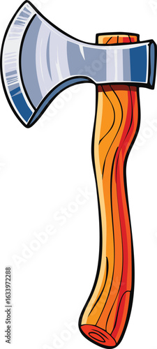 Cartoon illustration of a silver axe with a wooden handle on a white background.